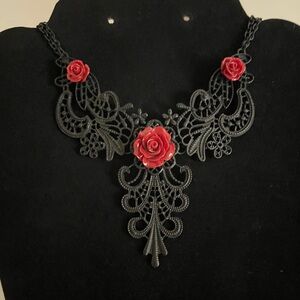 Elegant Black and Red Lace Necklace